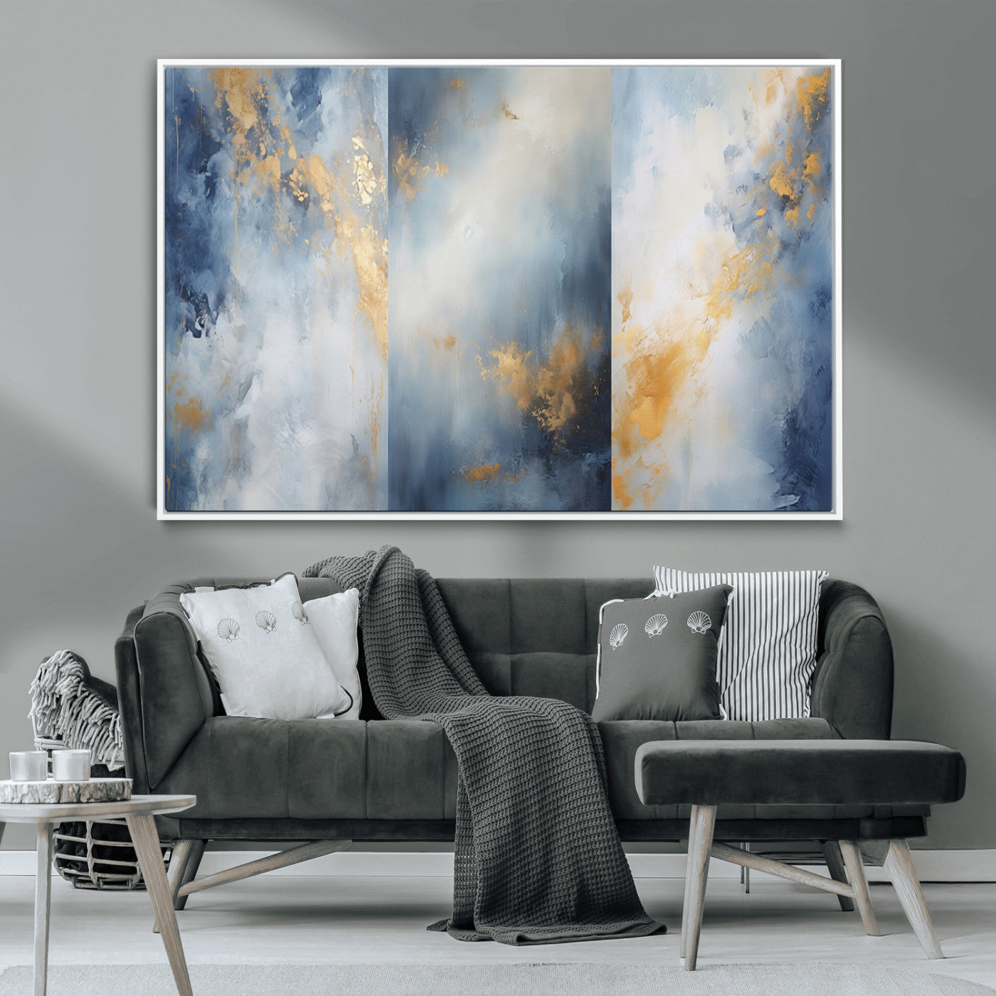 Abstract canvas art in soft blue and gold tones with textured brushstrokes, ideal for elegant or modern neutral decor spaces.