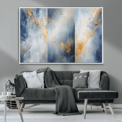 Abstract canvas art in soft blue and gold tones with textured brushstrokes, ideal for elegant or modern neutral decor spaces.
