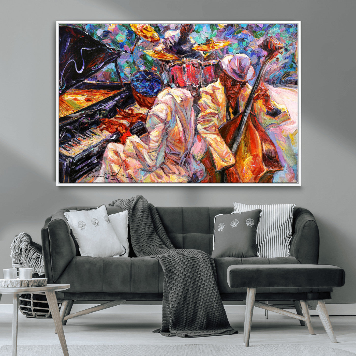 Vibrant oil painting of a jazz band with piano, saxophone, and bass, ideal for colorful and expressive music-themed home decor.