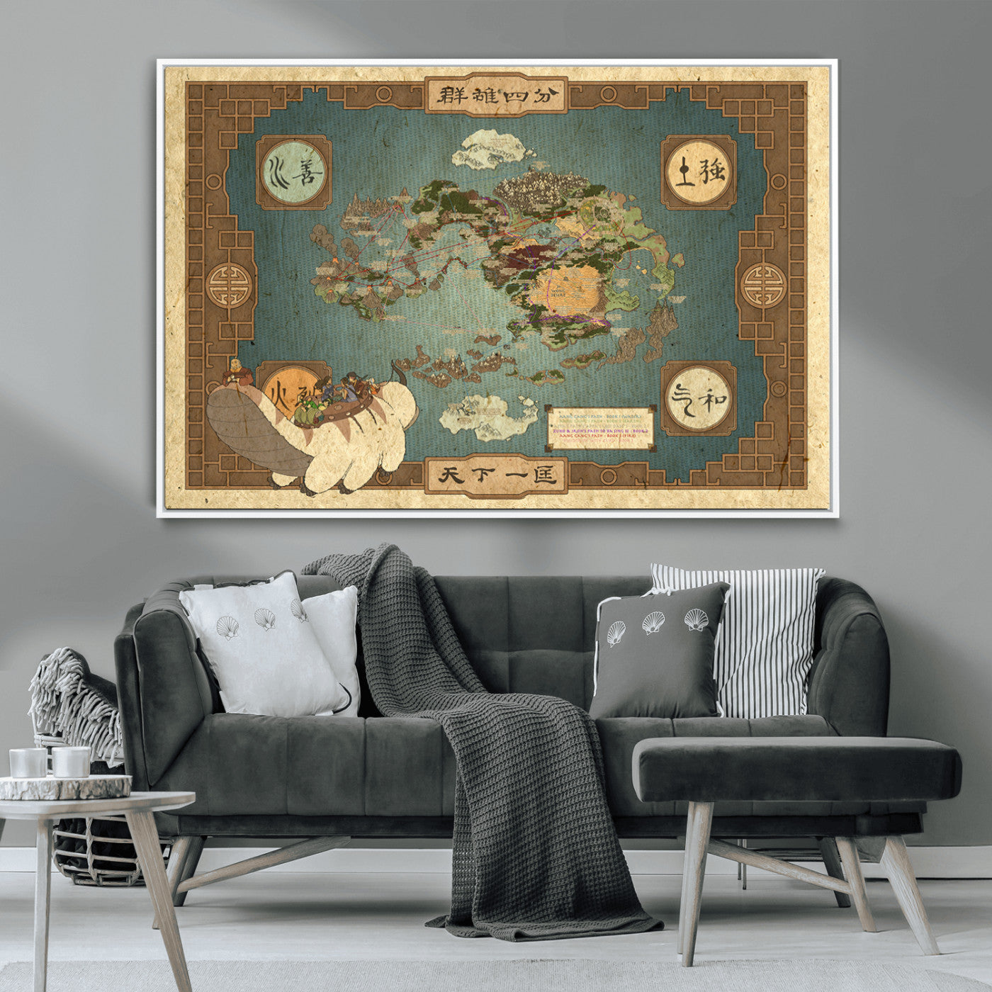 Fantasy map of the Avatar world showing four elemental nations, ideal for vintage pop culture or animated series themed wall decor.