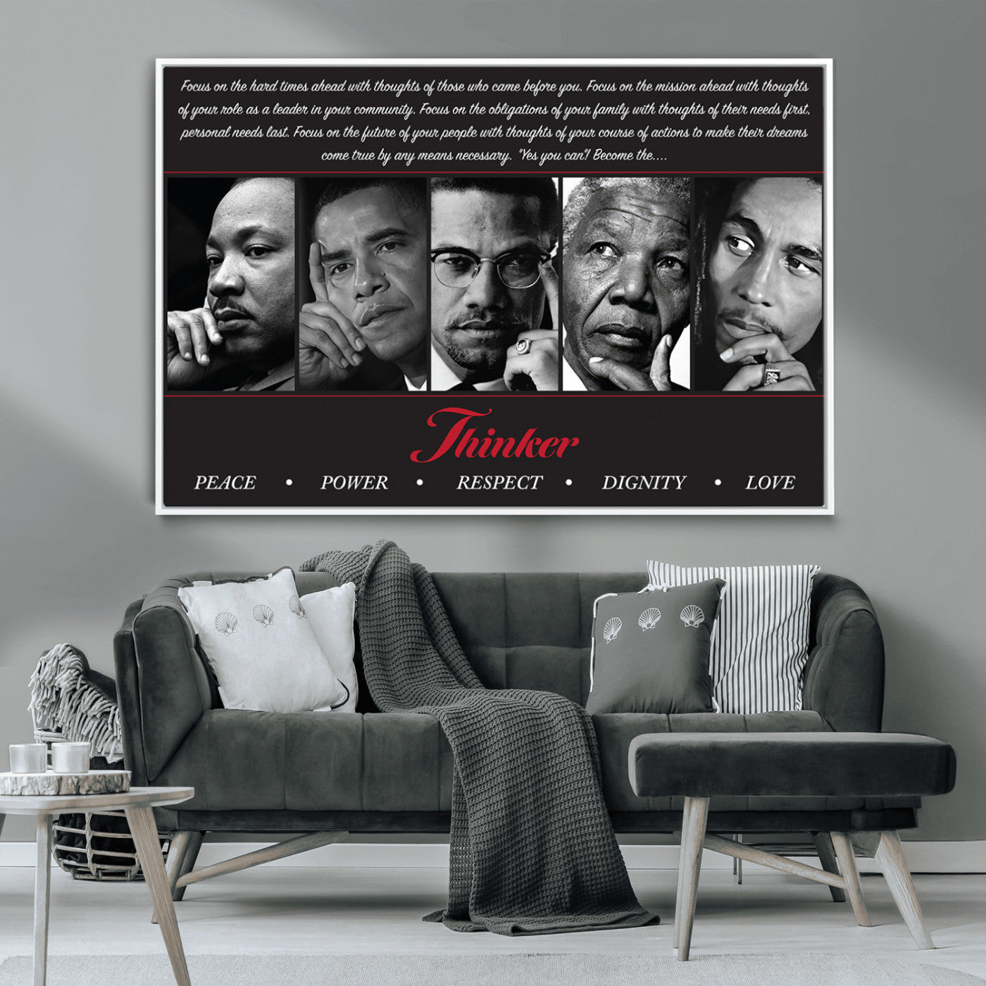 Monochrome canvas of iconic Black leaders with a powerful quote, perfect for modern spaces with a cultural or motivational theme.