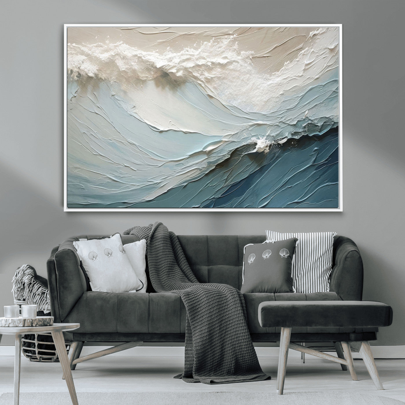 Textured canvas of ocean waves in soft coastal blues and creamy whites, ideal for modern or minimalist coastal-style interiors.