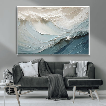 Textured canvas of ocean waves in soft coastal blues and creamy whites, ideal for modern or minimalist coastal-style interiors.