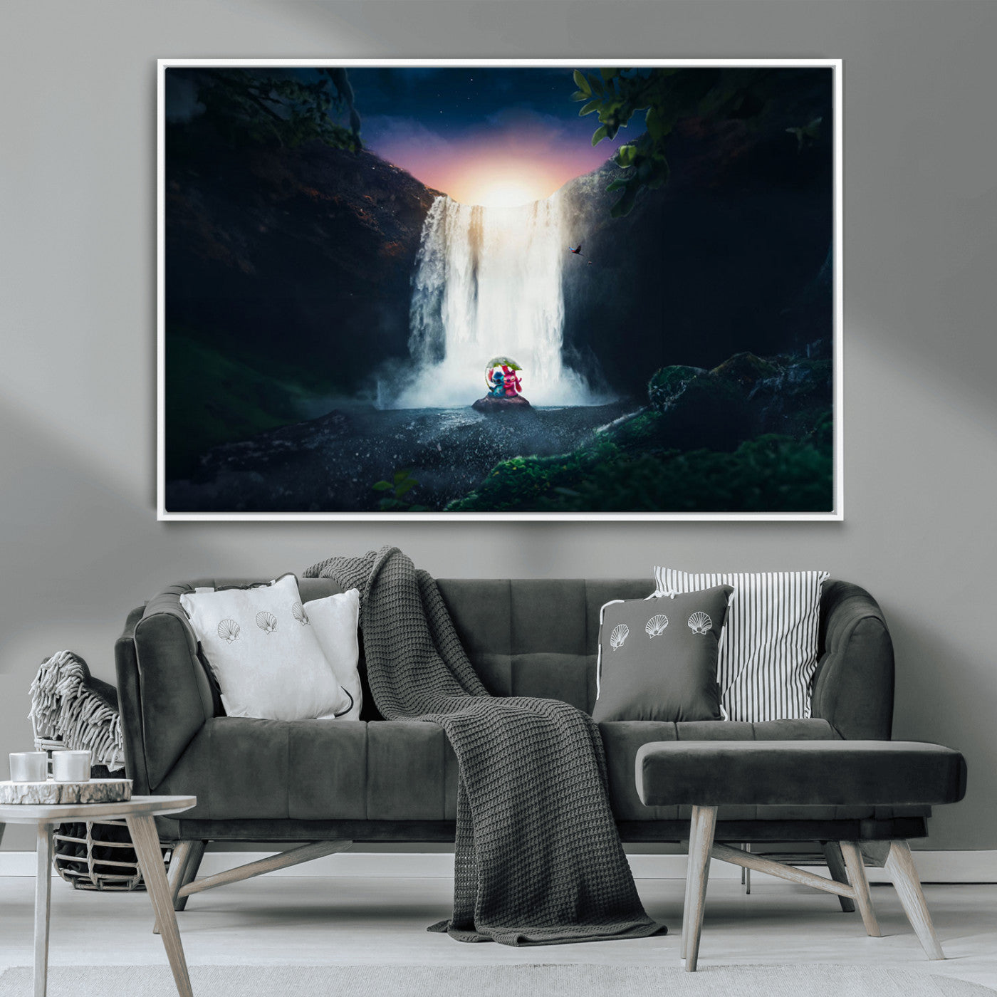 Romantic scene of Stitch and Angel sitting under a leaf in front of a glowing waterfall, ideal for tropical or fantasy-themed decor.