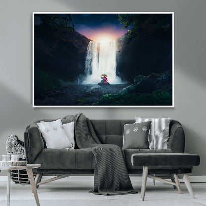 Romantic scene of Stitch and Angel sitting under a leaf in front of a glowing waterfall, ideal for tropical or fantasy-themed decor.