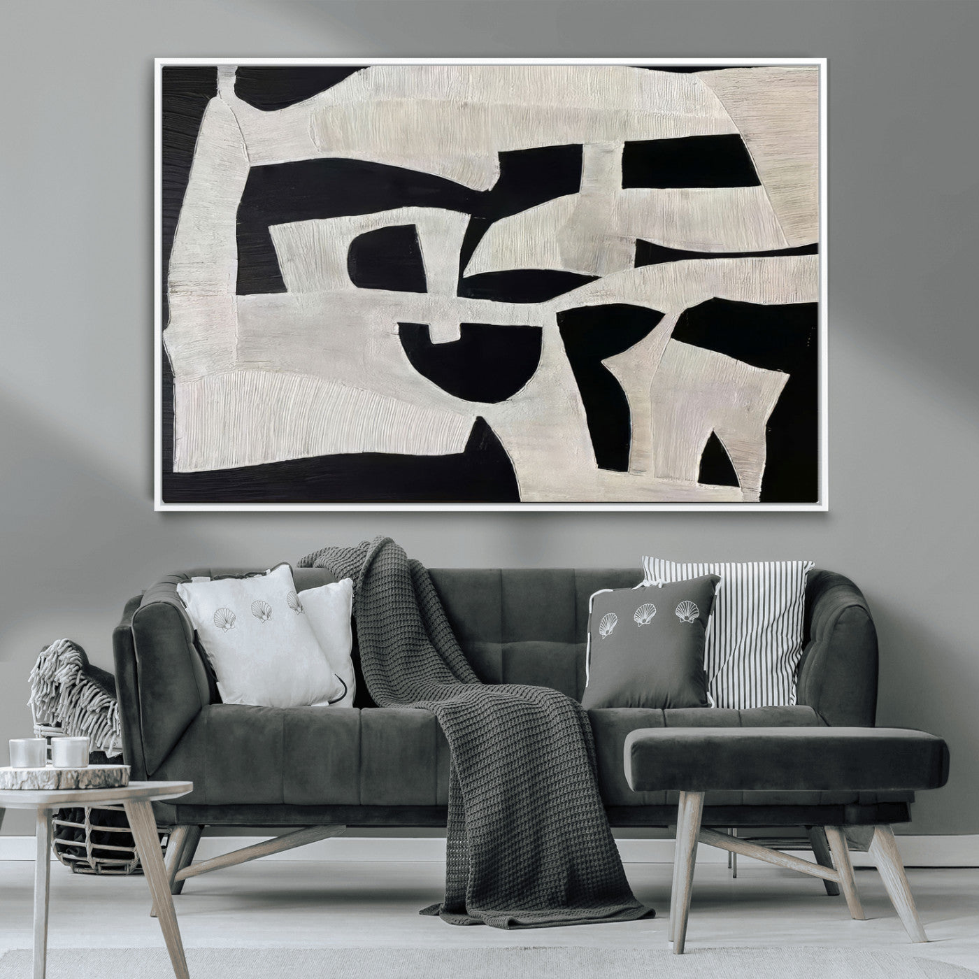 Minimalist black and white canvas featuring bold abstract textures and geometric shapes, ideal for modern neutral decor.