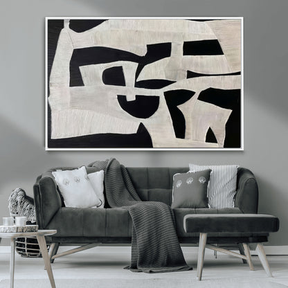 Minimalist black and white canvas featuring bold abstract textures and geometric shapes, ideal for modern neutral decor.