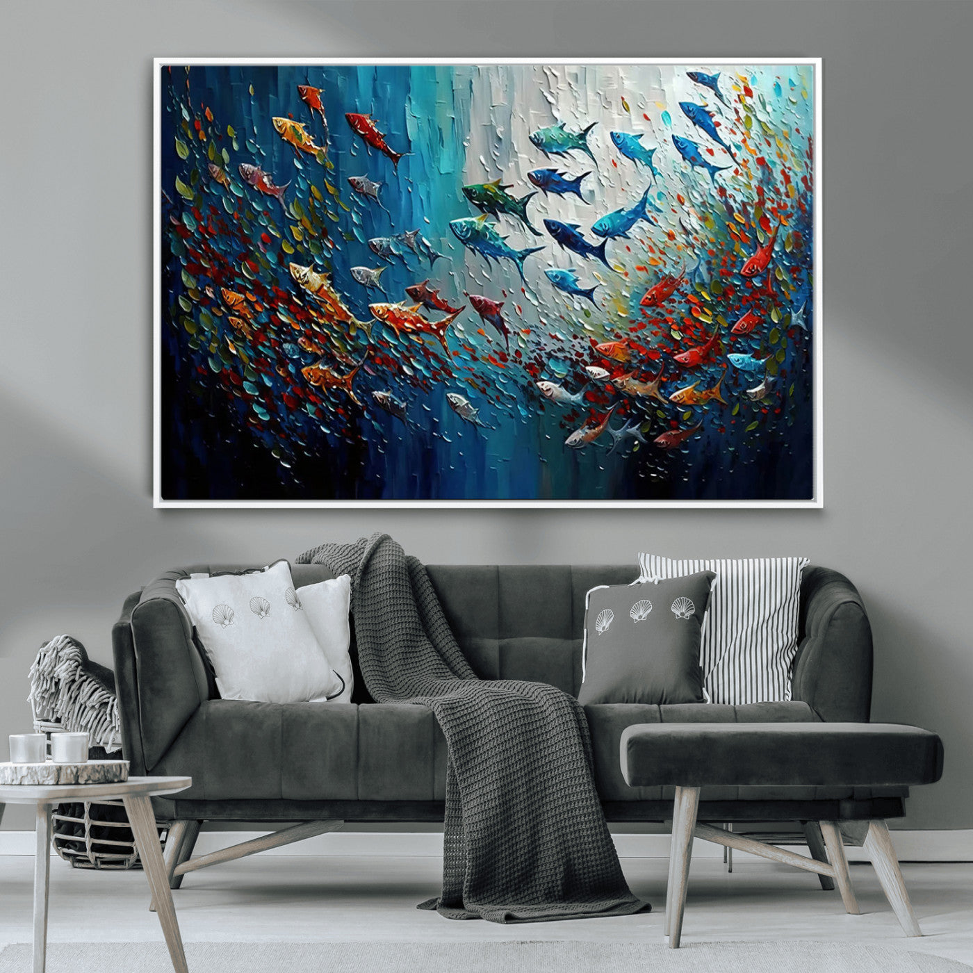Colorful painting of fish swimming in abstract ocean swirls, perfect for vibrant marine-themed or expressive coastal home decor.