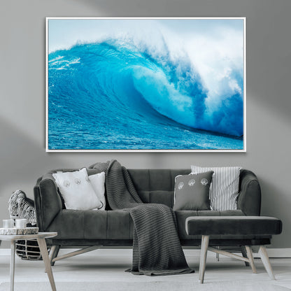 Vibrant canvas of a powerful curling ocean wave in tropical blue tones, perfect for coastal or surf-inspired decor settings.