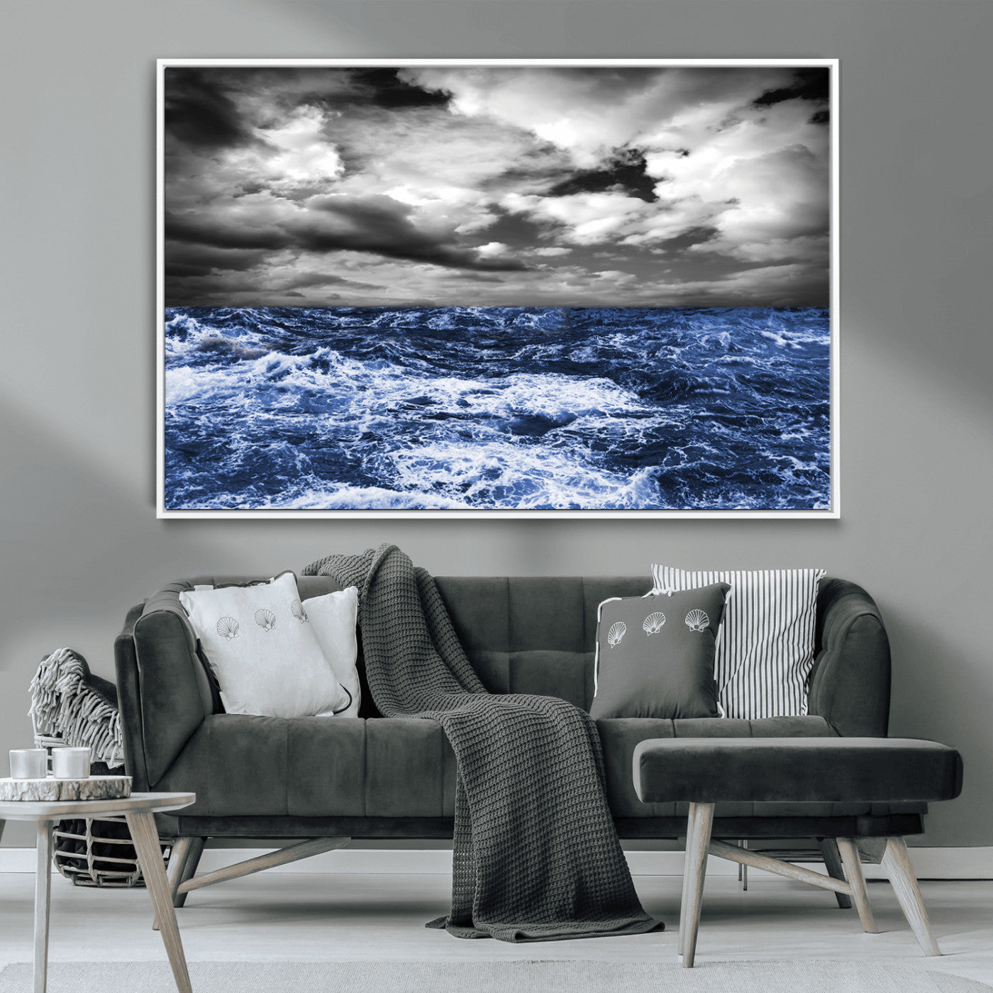 Moody canvas wall art of a stormy ocean under a dramatic black-and-white sky, perfect for bold or coastal-style interiors.