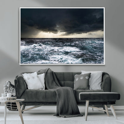 Moody ocean scene with stormy skies and crashing waves, perfect for dramatic or coastal-style home wall decor.