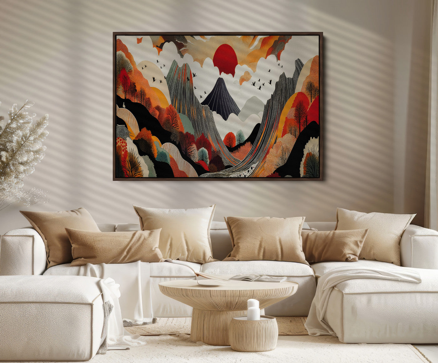 Abstract Mountain Wall Art Canvas Print, Vibrant Landscape Print, Framed Stylized Nature Drawing Art Print, Large Sunset Mountains Printing Perfect for Contemporary Minimalist Decor