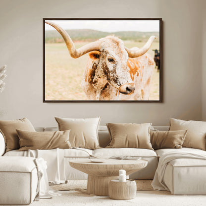 Close-up of a speckled Texas Longhorn in warm prairie tones, perfect for rustic western or countryside-themed room decor.
