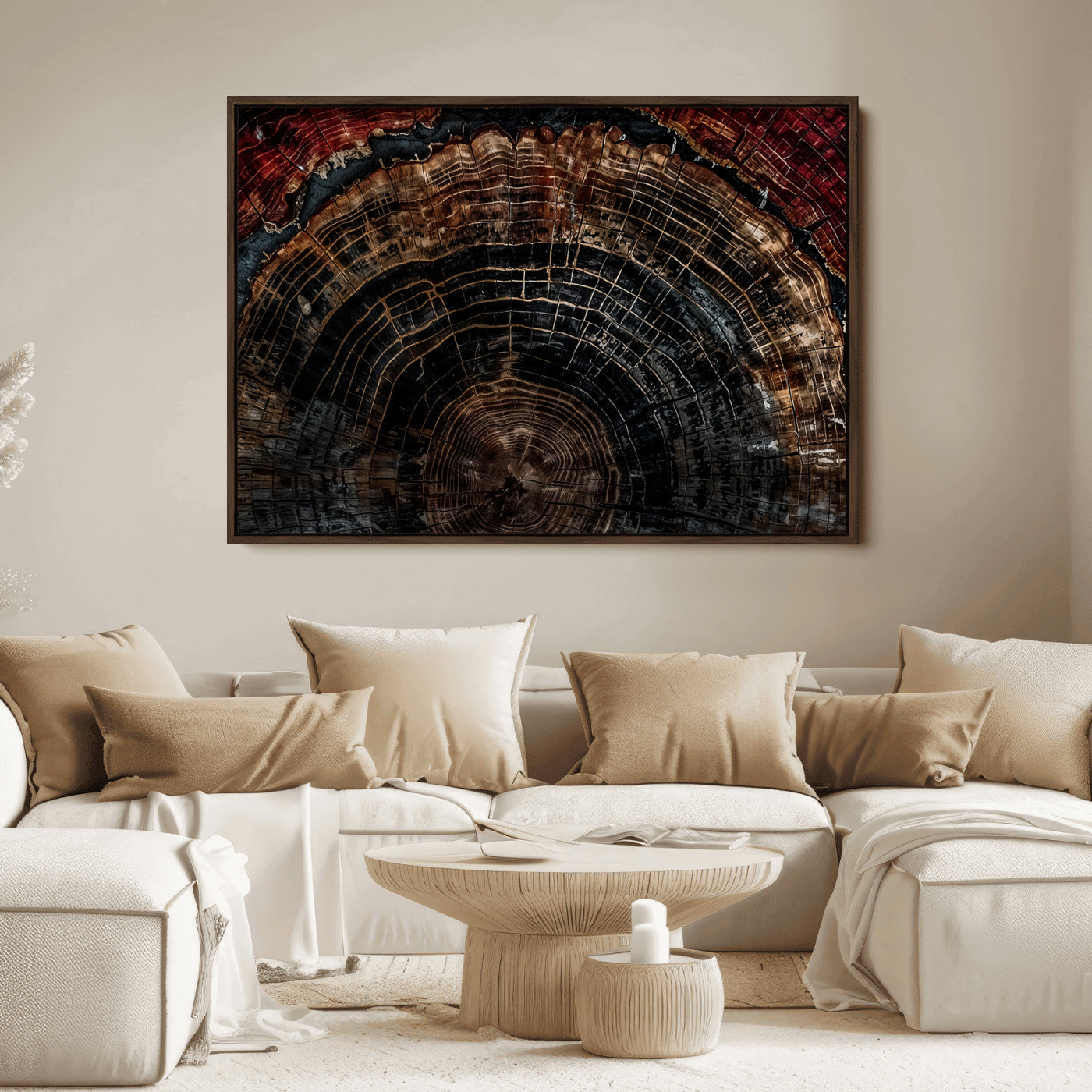 Dark Wood Wall Art Print - Petrified Tree Canvas Print, featuring an intricate tree ring pattern with deep earthy tones and organic textures, perfect for rustic and nature-inspired decor.