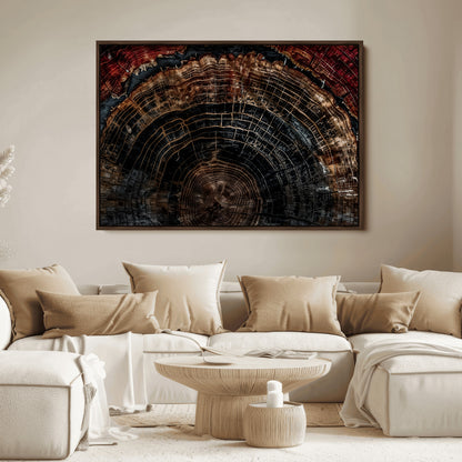 Dark Wood Wall Art Print - Petrified Tree Canvas Print, featuring an intricate tree ring pattern with deep earthy tones and organic textures, perfect for rustic and nature-inspired decor.