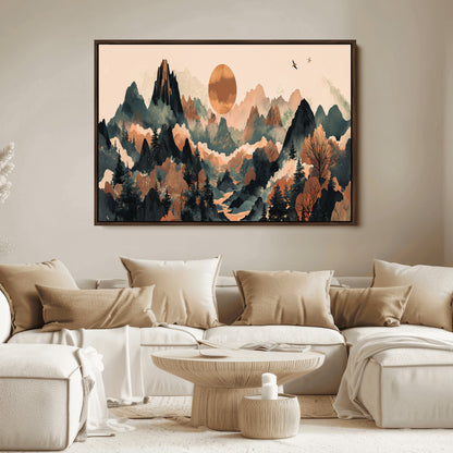 Mountain Landscape Wall Art Print - Sunset Hills Canvas Print, featuring an abstract nature scene with earthy tones and misty peaks, perfect for boho and modern decor.