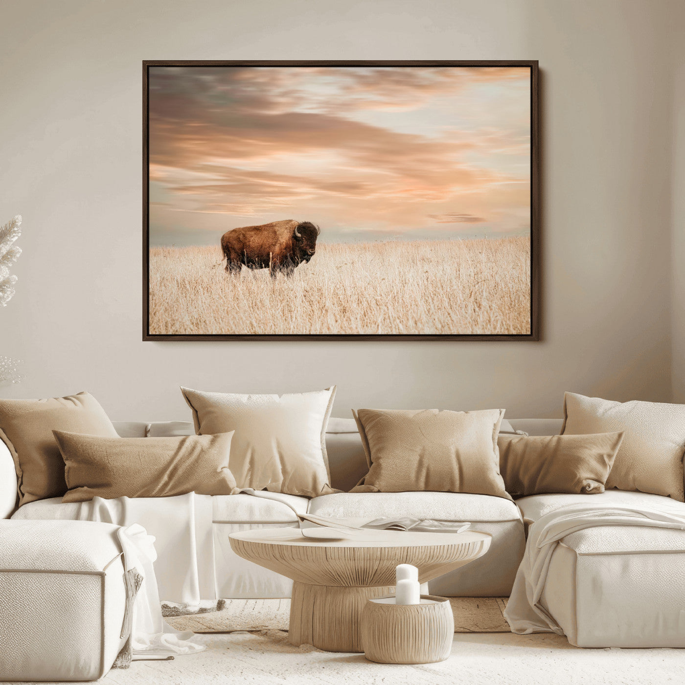 Bison Wall Art Print - Buffalo Canvas Print, featuring a lone bison in a golden prairie under a warm sunset sky, perfect for rustic and farmhouse decor.