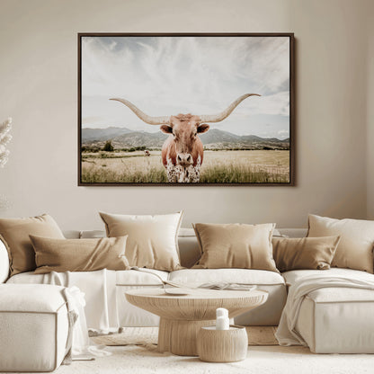 Longhorn Wall Art Print - Western Cow Canvas Print, featuring a majestic Texas longhorn in a rustic prairie setting, perfect for farmhouse and western decor.