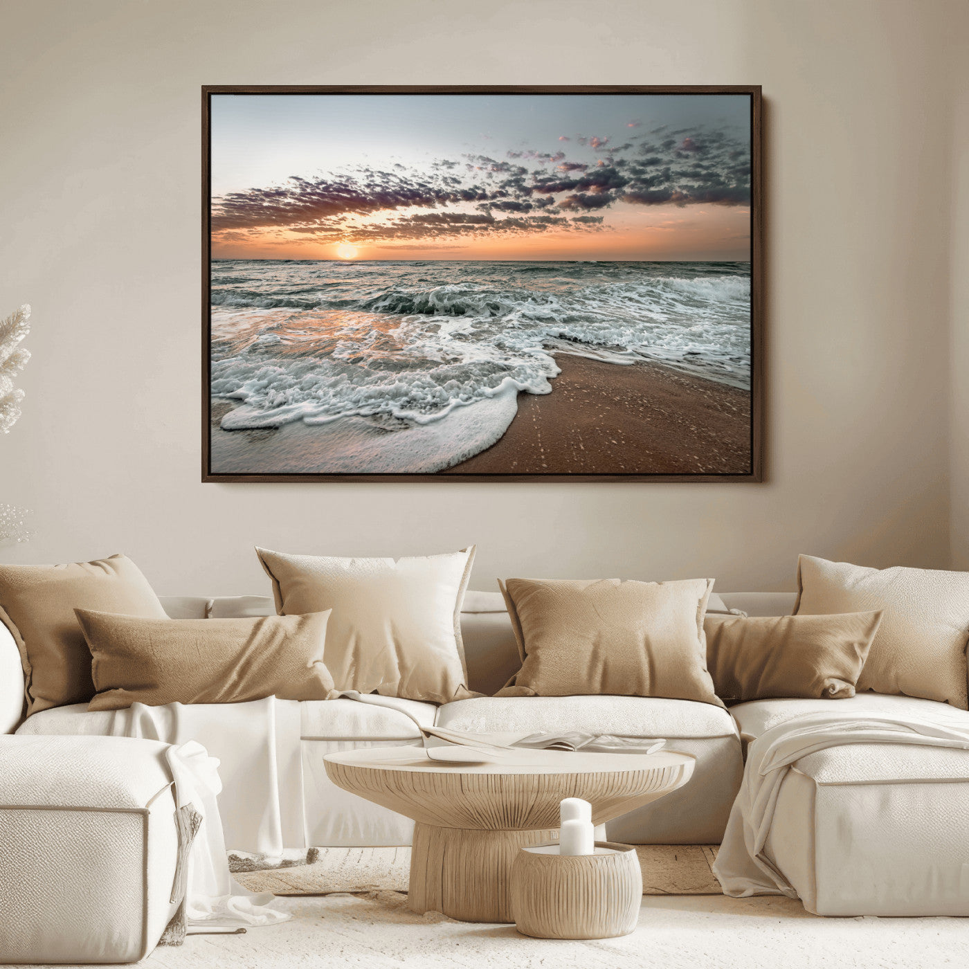 Ocean Sunset Wall Art Print - Beach Waves Canvas Print, featuring a serene seascape with golden sunlight reflecting on gentle waves, perfect for coastal and minimalist decor.