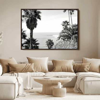 Monochrome canvas of palm trees framing a coastal surf scene, perfect for California-inspired or retro black-and-white beach decor.