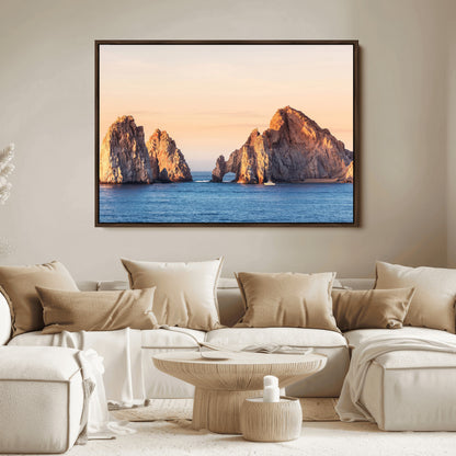 Framed canvas of El Arco rock formation in Cabo San Lucas at golden hour, ideal for coastal landmark or ocean-inspired decor.