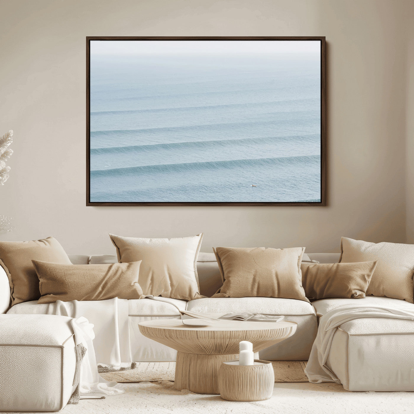 Framed canvas of repeating ocean waves with a distant solo surfer, ideal for minimalist ocean or calm coastal wall decor.