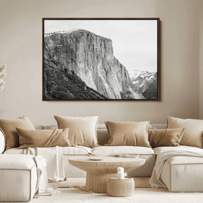 Monochrome canvas of El Capitan’s granite wall in Yosemite with snowy peaks, ideal for dramatic mountain or black-and-white nature decor.
