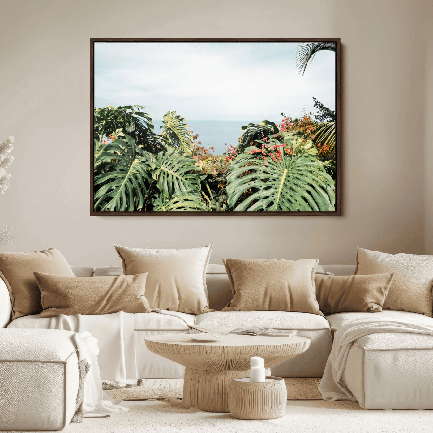 Monstera leaves and tropical flowers framing a calm ocean view, ideal for tropical coastal or exotic jungle-style interior wall decor.