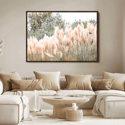 Soft pastel pampas grasses in a natural setting, ideal for neutral boho or rustic botanical-style interior wall decoration.