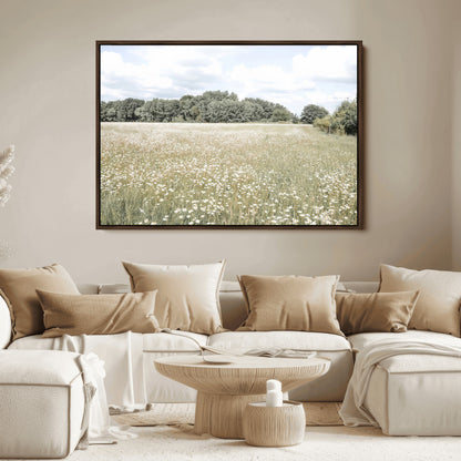 Soft-toned image of a wild daisy field under a cloudy sky, ideal for neutral or Scandinavian-inspired home decor.