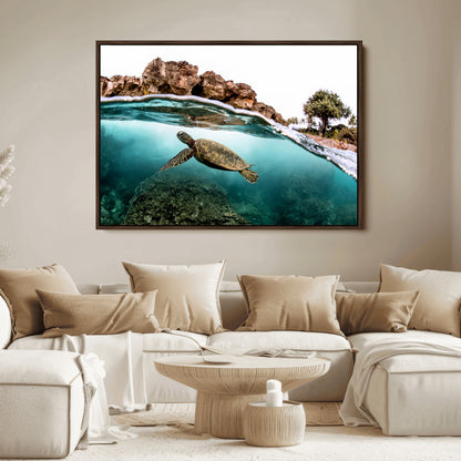 Dynamic split-view photo of a sea turtle swimming near rocky shores, perfect for vibrant coastal or tropical beach home decor.