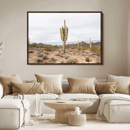 Canvas of a saguaro cactus in an earthy Sonoran desert landscape, ideal for Southwestern Boho or desert minimalism inspired home decor.   2/2