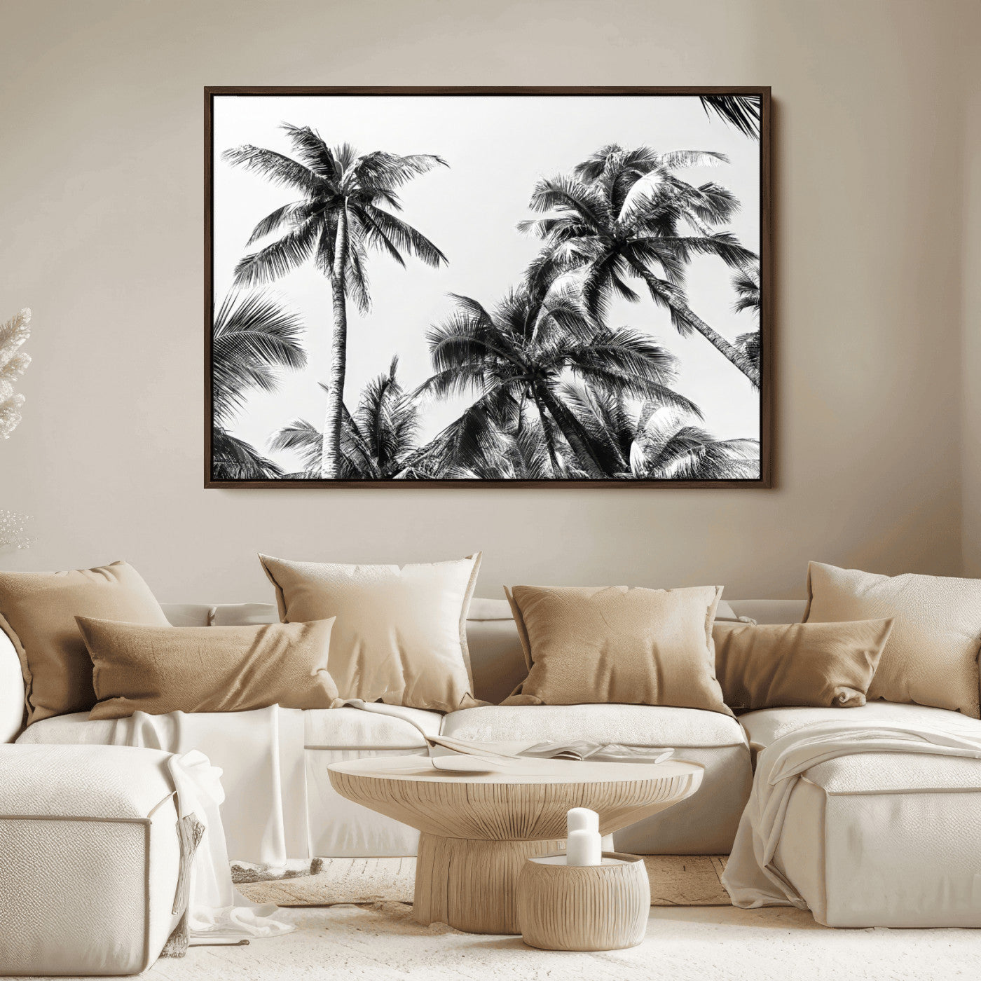 Black and white canvas of tall palm trees in moody tones, perfect for modern tropical minimalist or coastal-style home decor.