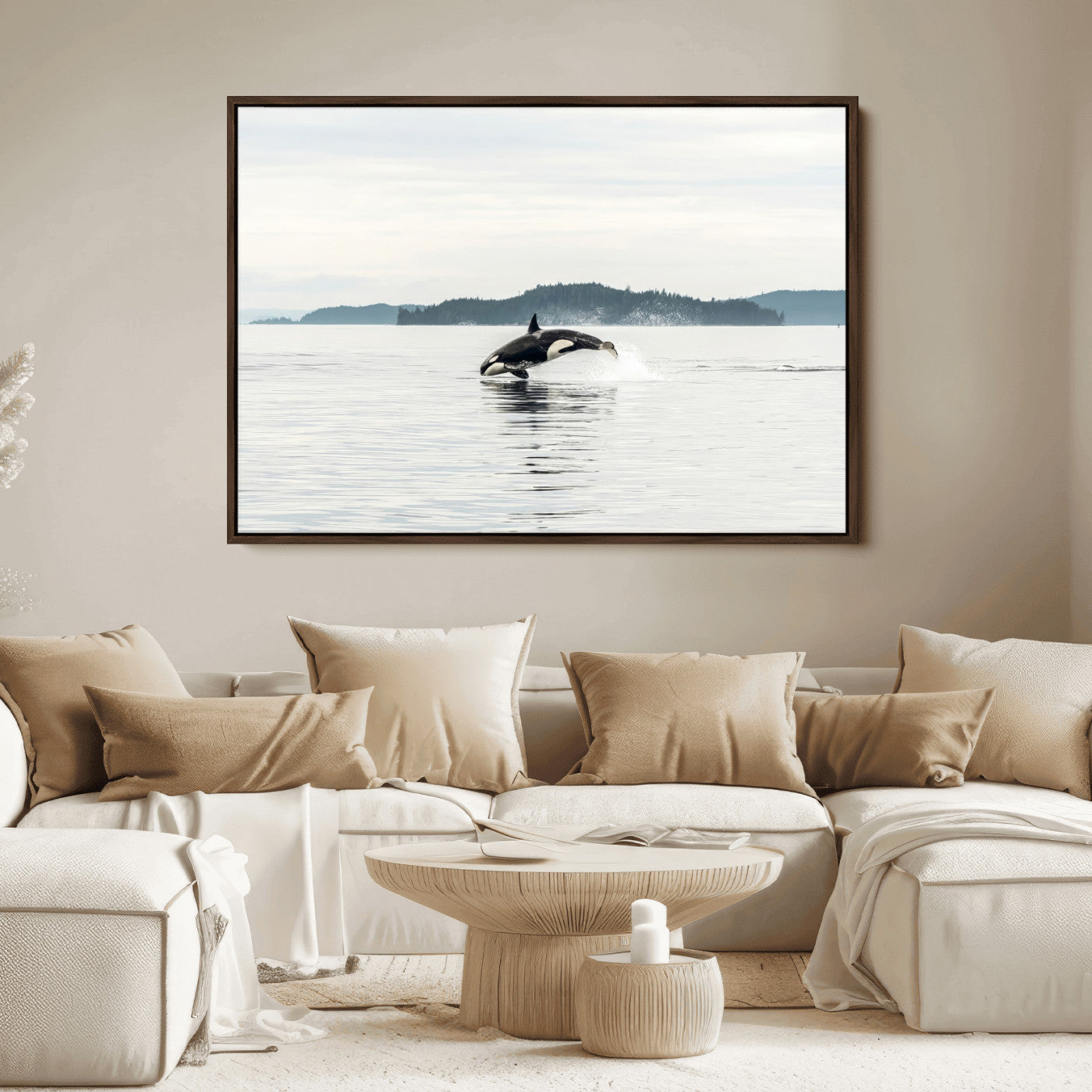 An orca jumping out of calm ocean waters with a misty island in the background, creating a serene and minimalist marine wildlife scene.