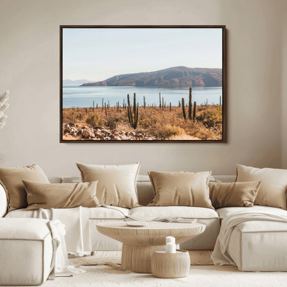 Warm desert landscape with cacti and coastal mountains, perfect for southwestern or earthy calm-themed home wall decor.