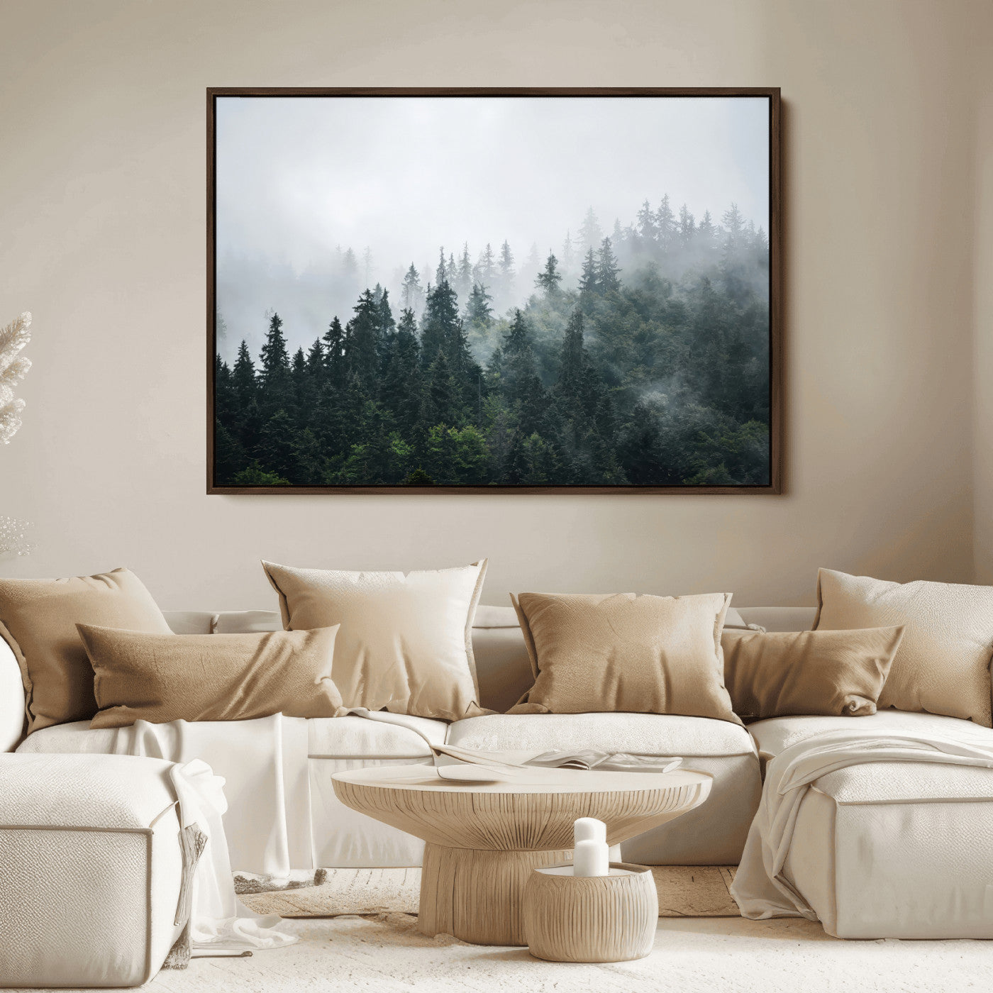 A misty evergreen forest shrouded in soft fog, creating a tranquil and moody landscape with lush green trees fading into the distance.