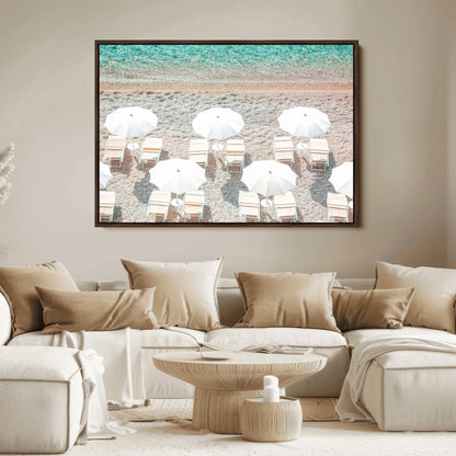 A bright beach scene with white umbrellas, pastel sand, and turquoise waters, creating a tranquil coastal vibe, perfect for beach house or summer decor.