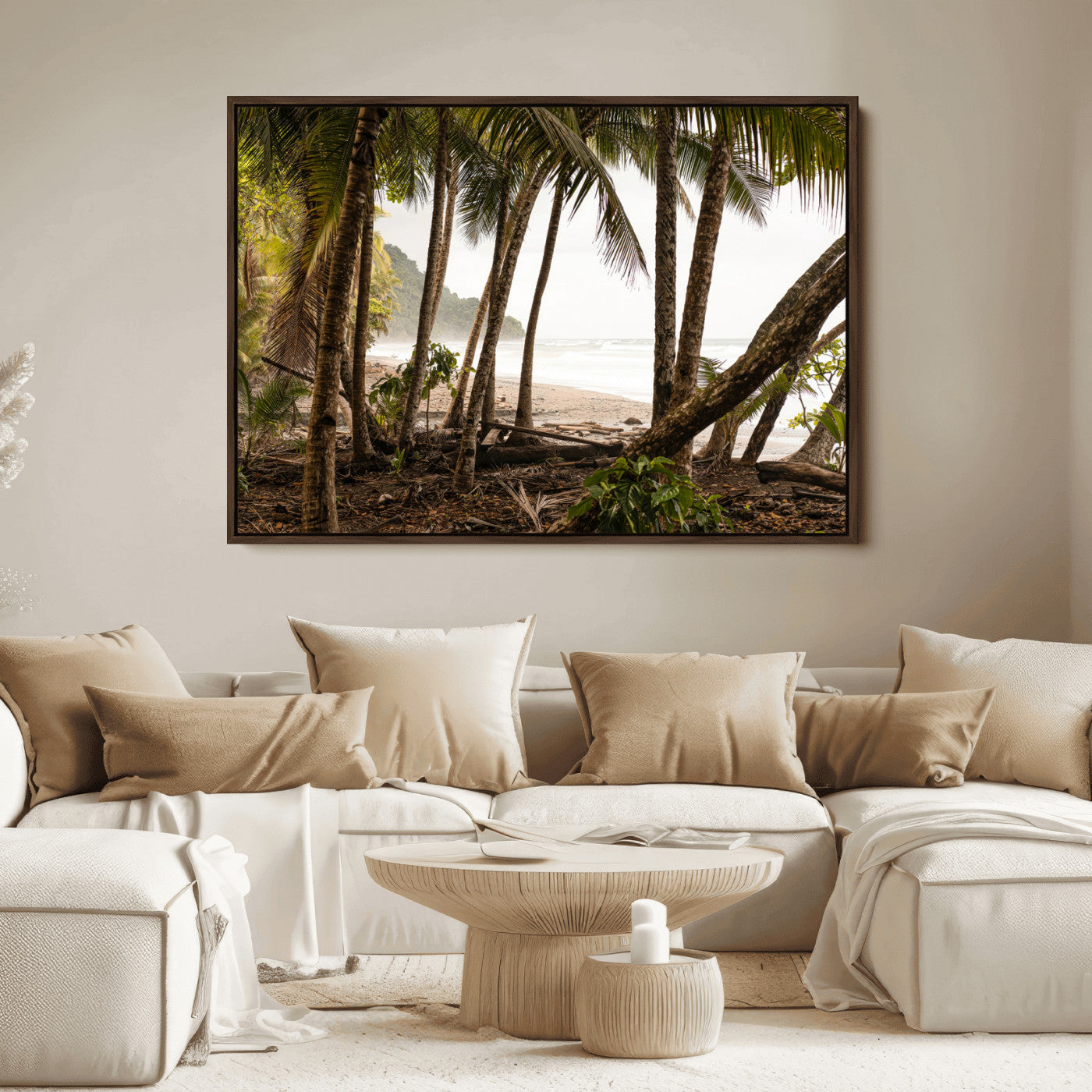 Dense tropical palm trees framing a sandy beach and ocean shore, ideal for jungle or coastal themed interior wall decor.
