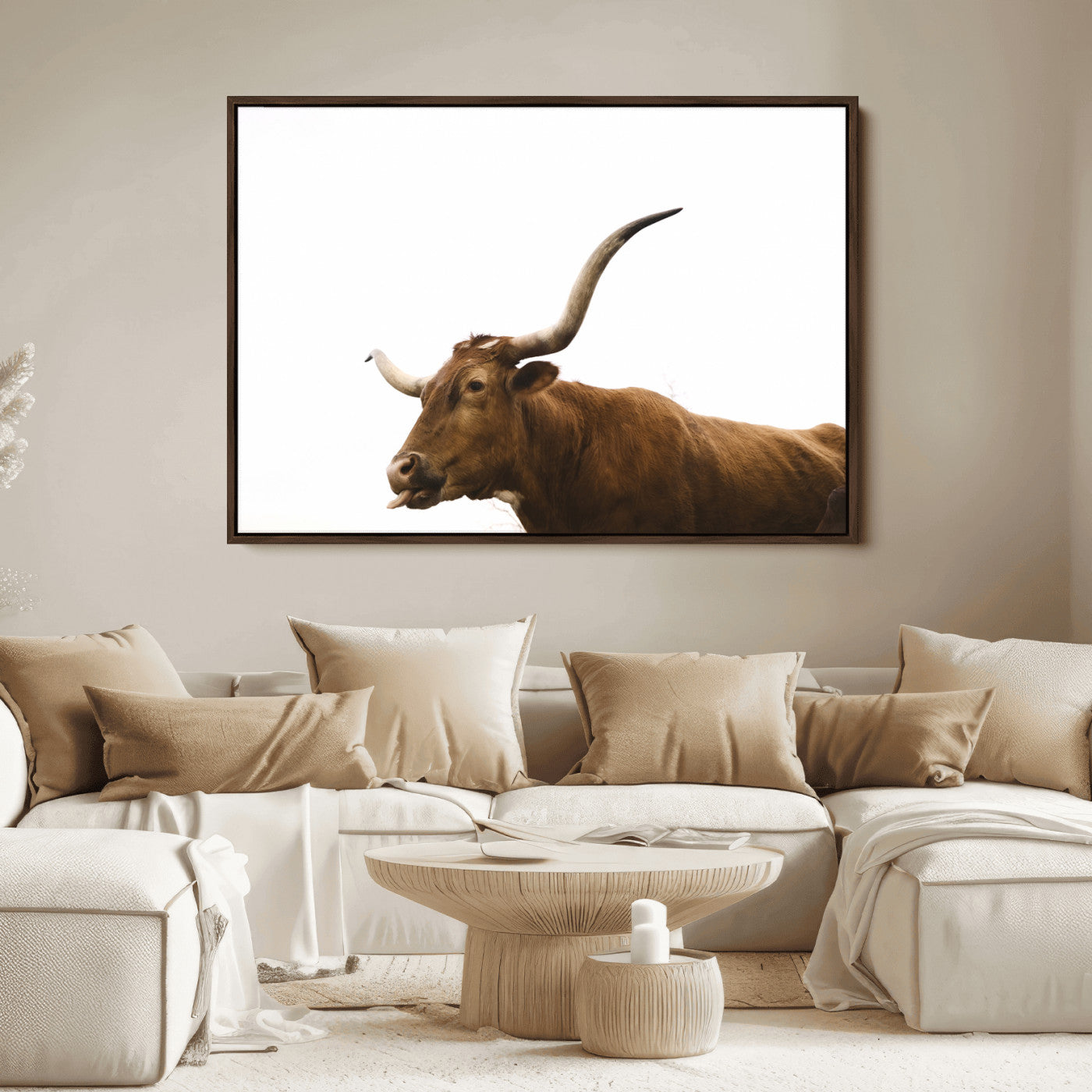 Minimal photo of a longhorn cow with white background, ideal for rustic, western or farmhouse-style interior decor.
