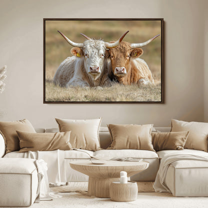 Two cows laying closely in a dry grassy field, captured in soft light, perfect for rustic farmhouse or western style home decor.