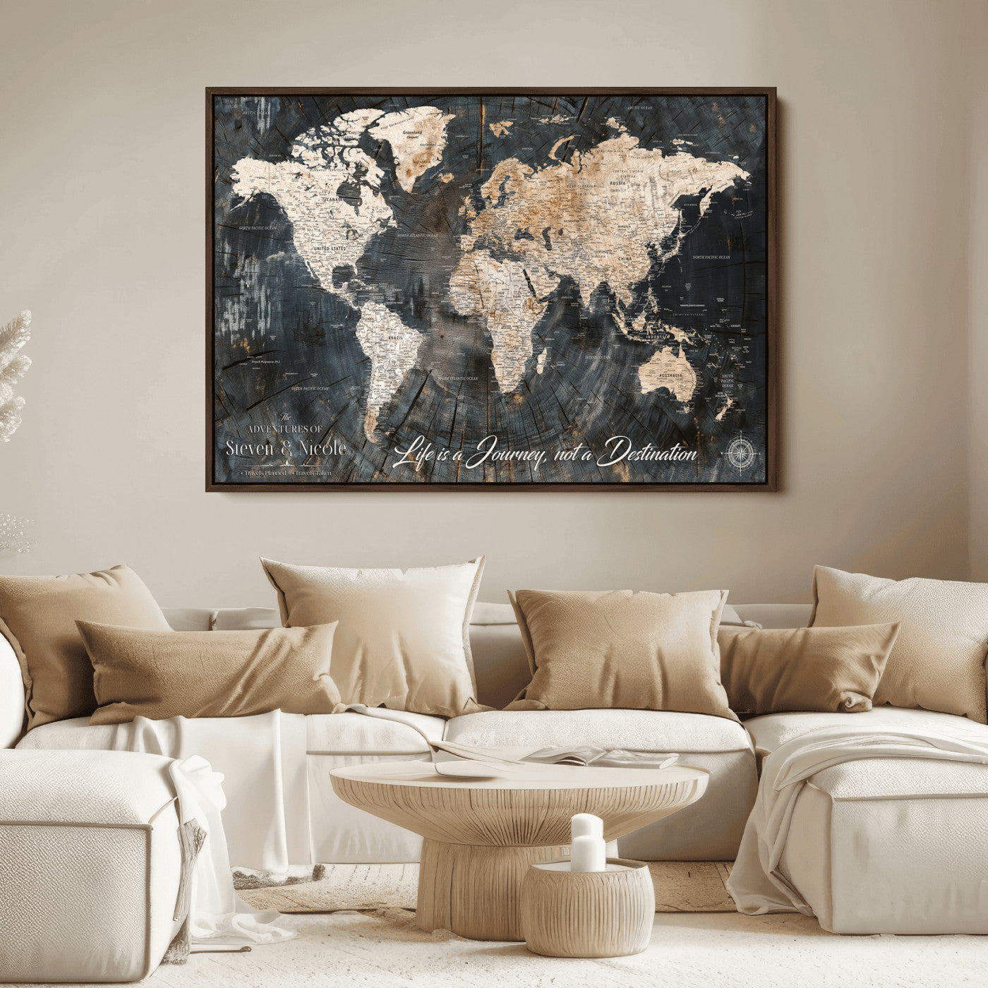 13001721-MGV-CV-36X24-Custom Push Pin World Map Wall Canvas Print – Personalized Travel Tracker with Pins – Framed Large Multi-Size Canvas for Home Office Decor