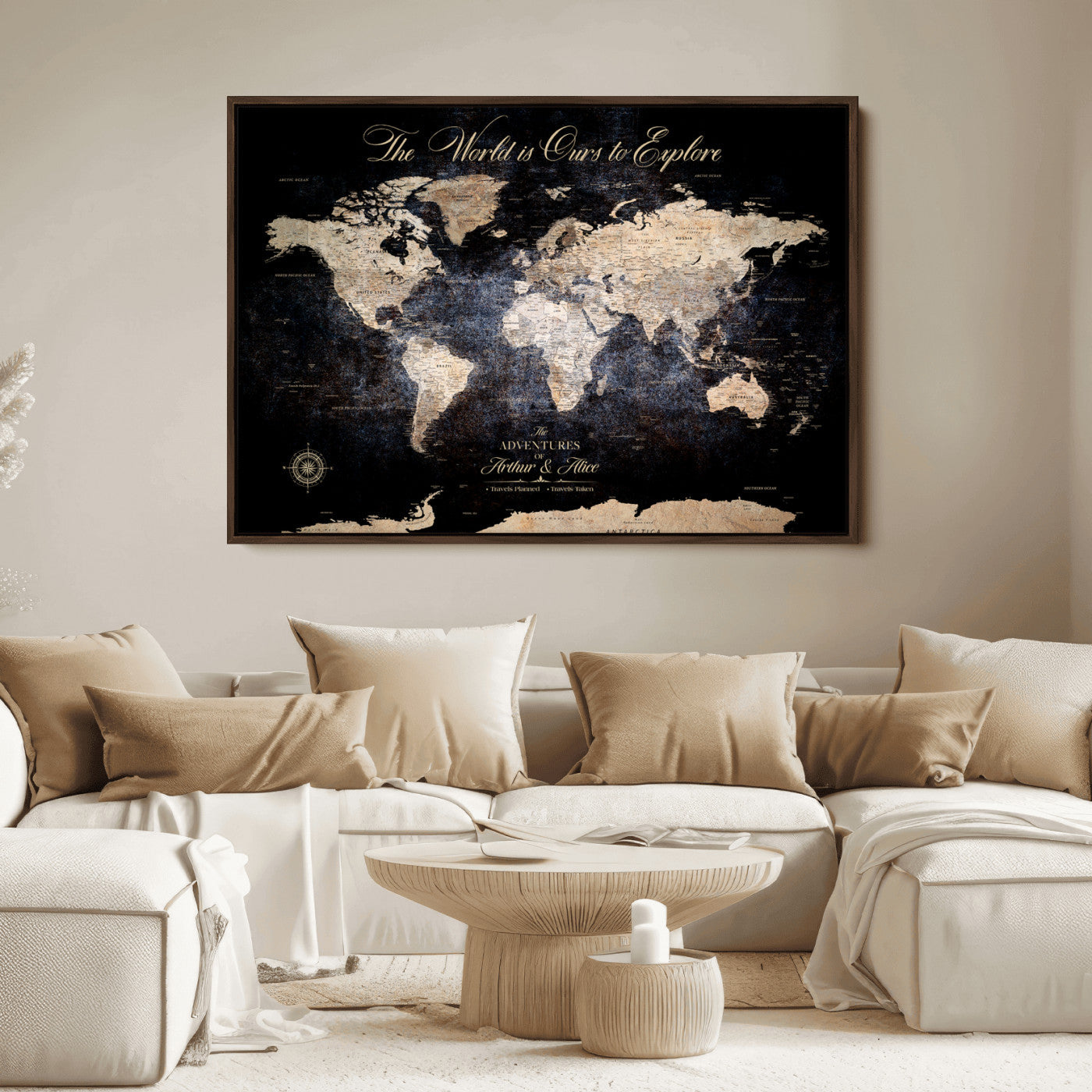 '-Customize Push Pin World Map Wall Canvas Print, Personalized Travel Tracker with Pins, Framed Large Canvas for Home Office Decor - H37