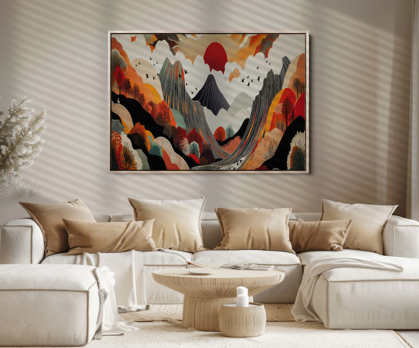Abstract Mountain Wall Art Canvas Print, Vibrant Landscape Print, Framed Stylized Nature Drawing Art Print, Large Sunset Mountains Printing Perfect for Contemporary Minimalist Decor
