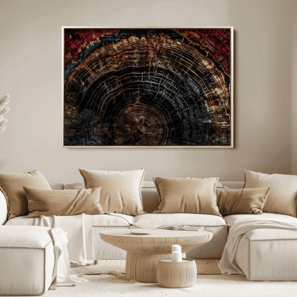 Dark Wood Wall Art Print - Petrified Tree Canvas Print, featuring an intricate tree ring pattern with deep earthy tones and organic textures, perfect for rustic and nature-inspired decor.