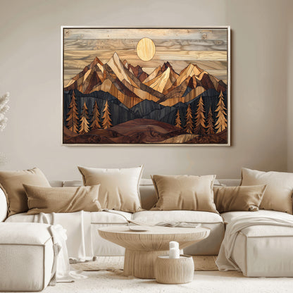 Mountain Landscape Wall Art Print - Sunset Hills Canvas Print, featuring an abstract nature scene with earthy tones and misty peaks, perfect for boho and modern decor.