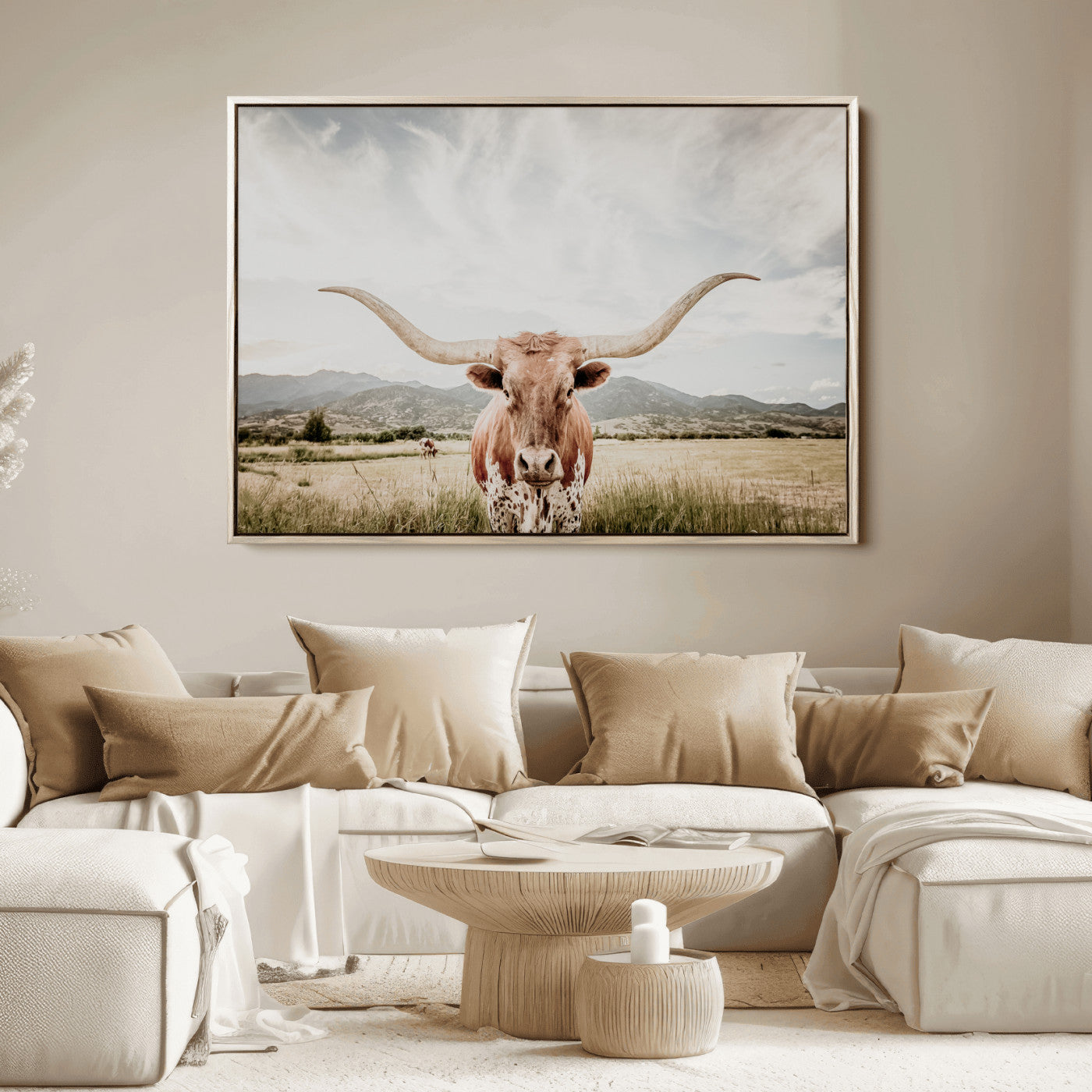 Longhorn Wall Art Print - Western Cow Canvas Print, featuring a majestic Texas longhorn in a rustic prairie setting, perfect for farmhouse and western decor.