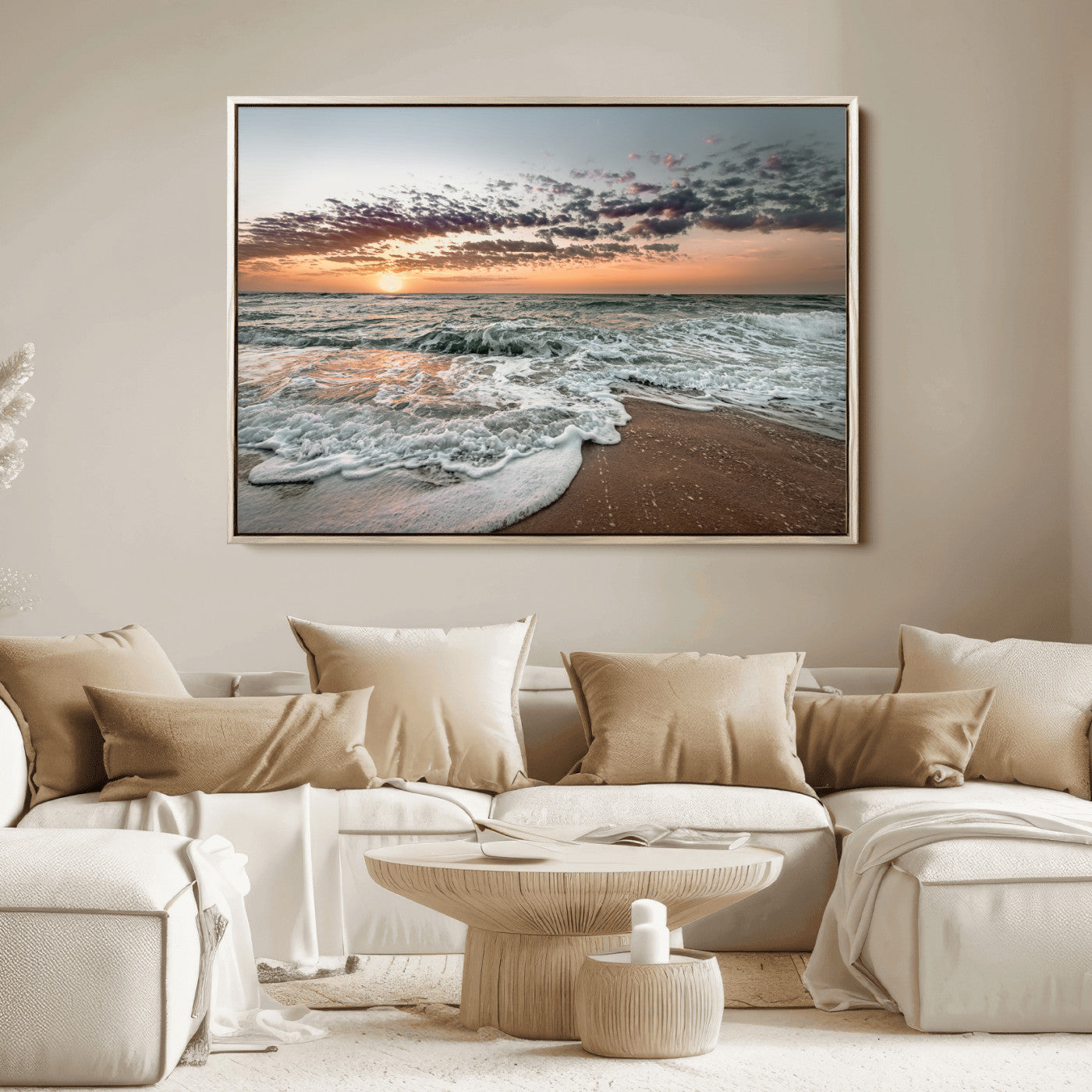 Ocean Sunset Wall Art Print - Beach Waves Canvas Print, featuring a serene seascape with golden sunlight reflecting on gentle waves, perfect for coastal and minimalist decor.