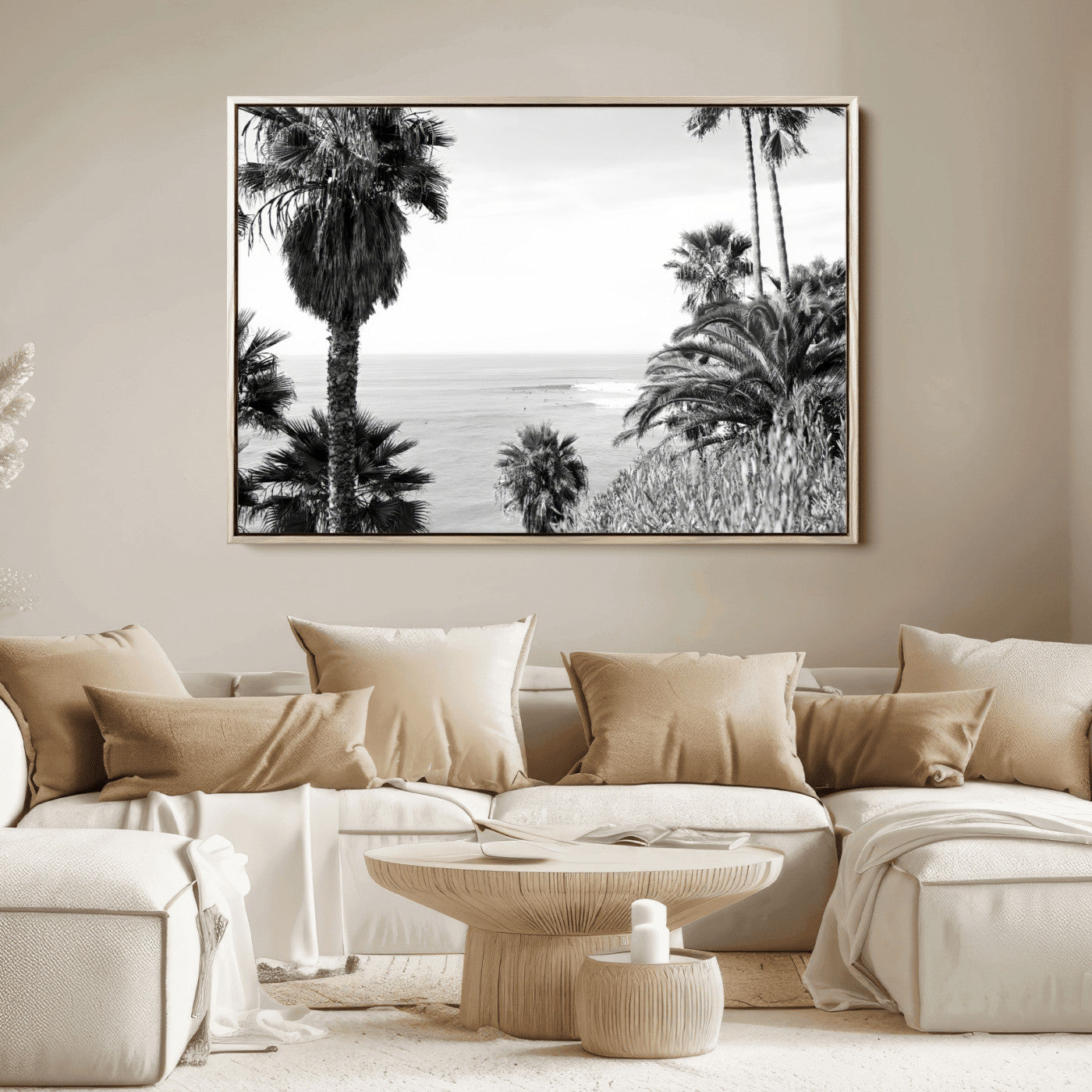 Monochrome canvas of palm trees framing a coastal surf scene, perfect for California-inspired or retro black-and-white beach decor.