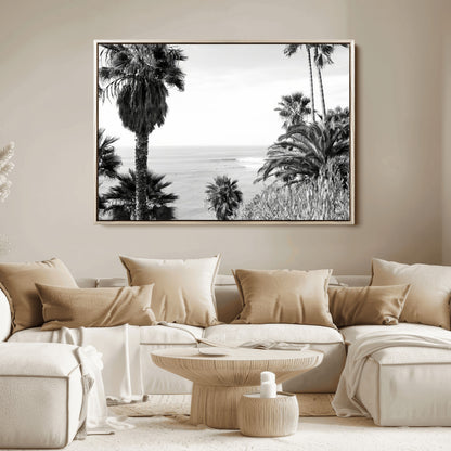 Monochrome canvas of palm trees framing a coastal surf scene, perfect for California-inspired or retro black-and-white beach decor.