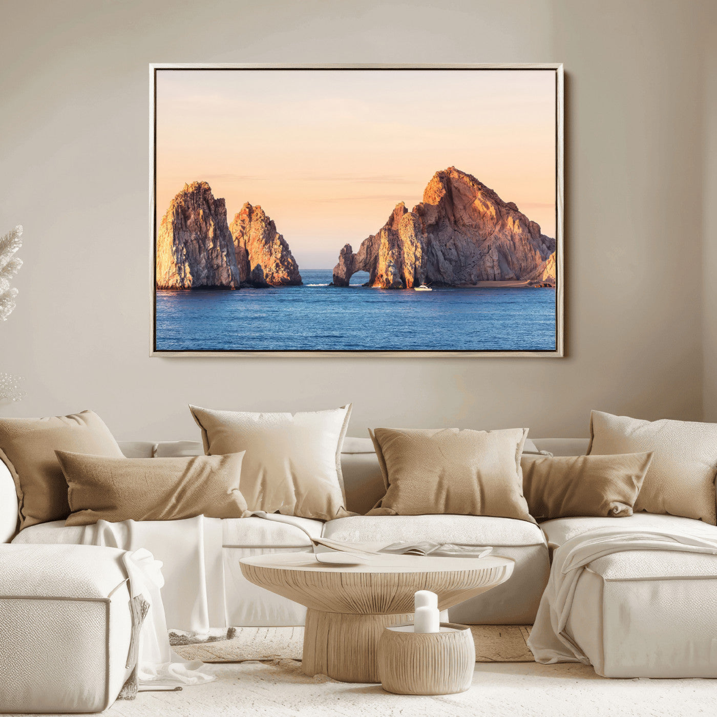 Framed canvas of El Arco rock formation in Cabo San Lucas at golden hour, ideal for coastal landmark or ocean-inspired decor.
